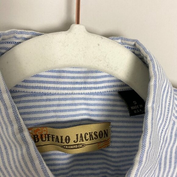Buffalo Jackson Trading Striped Button Down Shirt Mens Small Blue Elbow Patches - Picture 4 of 7